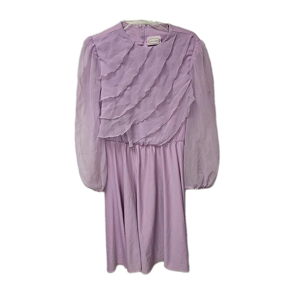 Vtg Amy-Deb Lavender Layered Ruffle Long Sleeve Chiffon Dress Womans Size 14